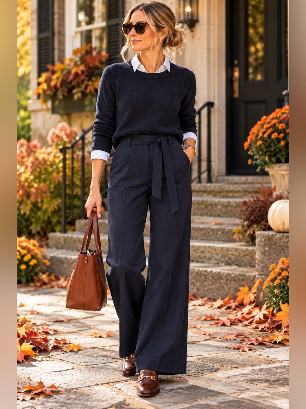 Boden Navy Wool Blend Wide Leg Pants Womens 8 Belted High Rise Trousers